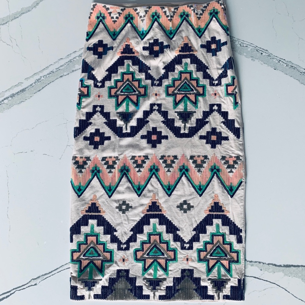 Express Aztec Sequin Stretch Pencil Skirt XS - Picture 2 of 6
